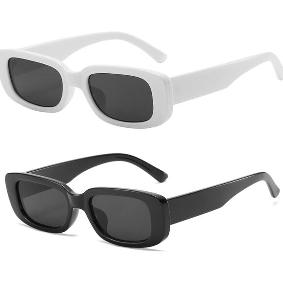 Trendy Rectangle Black+white Sunglasses Women Men Retro Square Fashion Shades - Picture 1 of 5